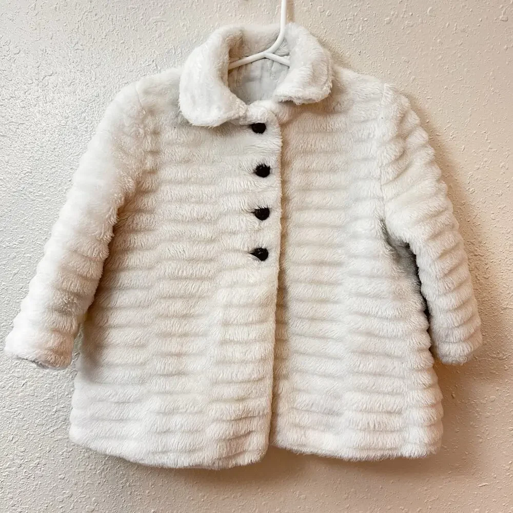 Vintage Breman & Tanner Girls White Faux Fur Overcoat & Matching Bonnet 18-24m